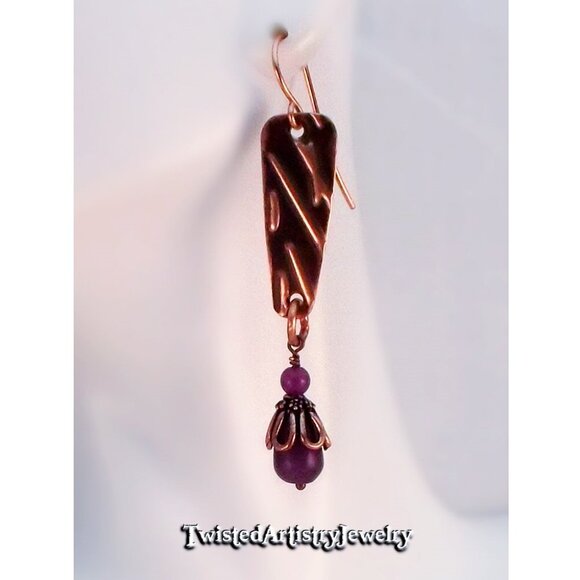 Purple Jade and Copper Freeform Inverted Triangle Earrings - Picture 3 of 4